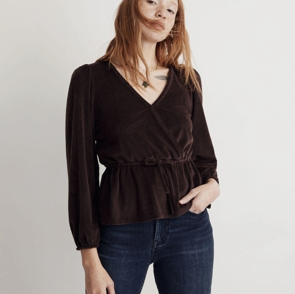 Madewell Blush Pink Corduroy Faux Wrap Pepplum Style Top S - Picture 6 of 9